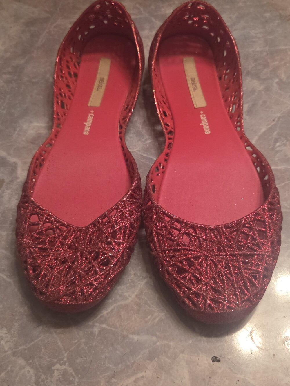 Melissa Red Glitter Laser-Cut Flat Shoes